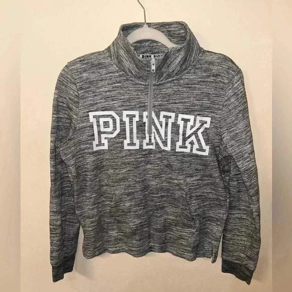 Victorias Secret PINK Sweatshirt Gray White 1/4 Zip Pullover Long Sleeve Size M - Picture 1 of 4